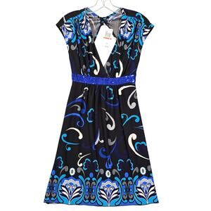 Trend Black Blue Mini Dress NEW $39 Stretch Sequin Keyhole Cap Sleeves Women's S